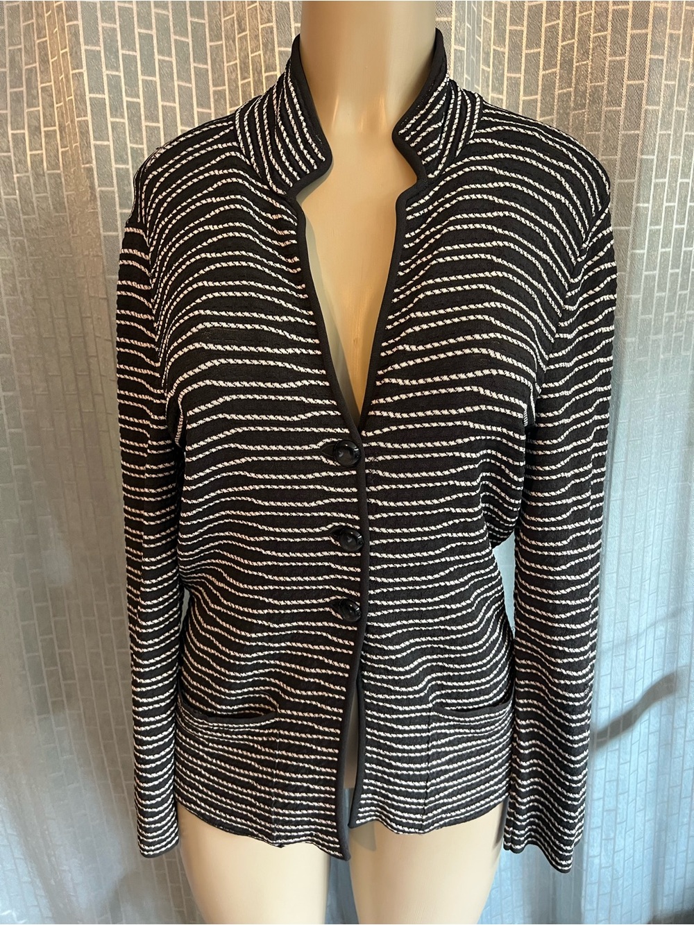 Armani Collezioni Black and White Striped Knit Cardigan